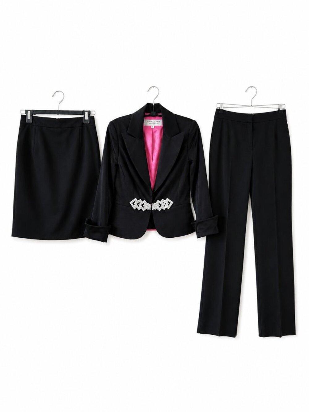 Vintage NWT Trina Turk 3 Piece Black Rhinestone Suit Set Blazer Pants Skirt